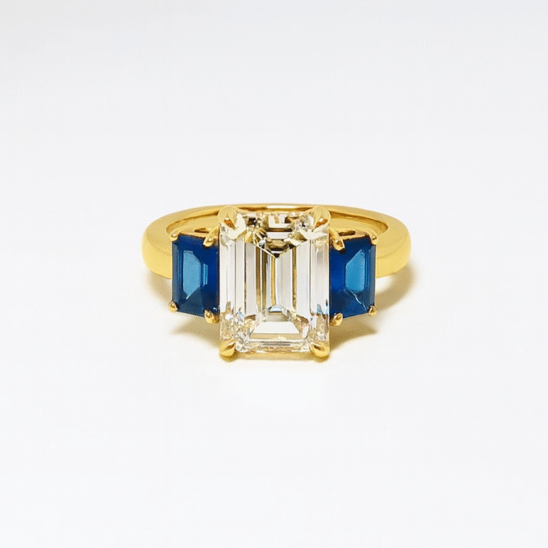 925 Sterling Silver Emerald Cut Blue Sapphire Ring with Korean White Stones