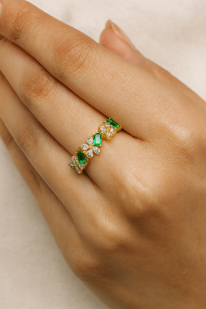 925 Sterling Silver Emerald & Korean Diamond Eternity Band Ring