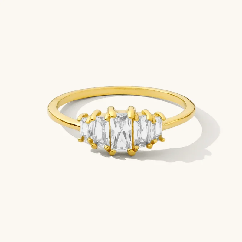 925 Sterling Silver Gold Plated Graduated Baguette Diamond Ring