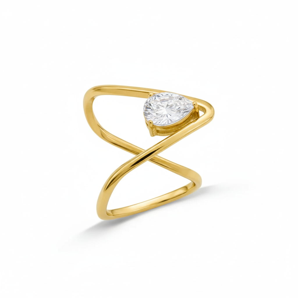 925 Sterling Silver Gold Plated Crossover Pear Solitaire Ring