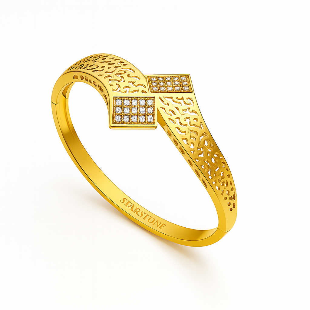 925 Sterling Silver Gold Plated Cutout Lattice Dual Square Diamond Bangle