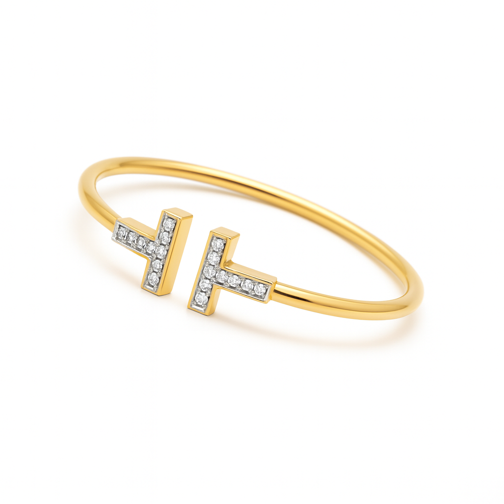 925 Sterling Silver Gold Plated Dual T-Motif Diamond Open Cuff Bangle
