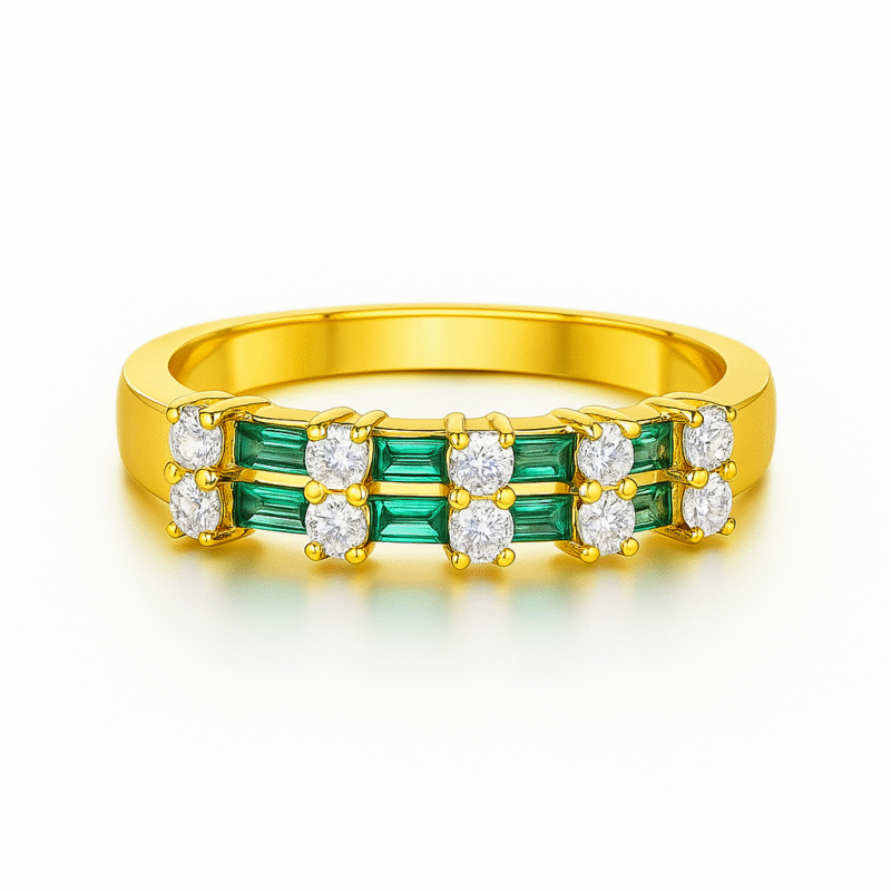 925 Sterling Silver Gold Plated Emerald & Diamond Band Ring