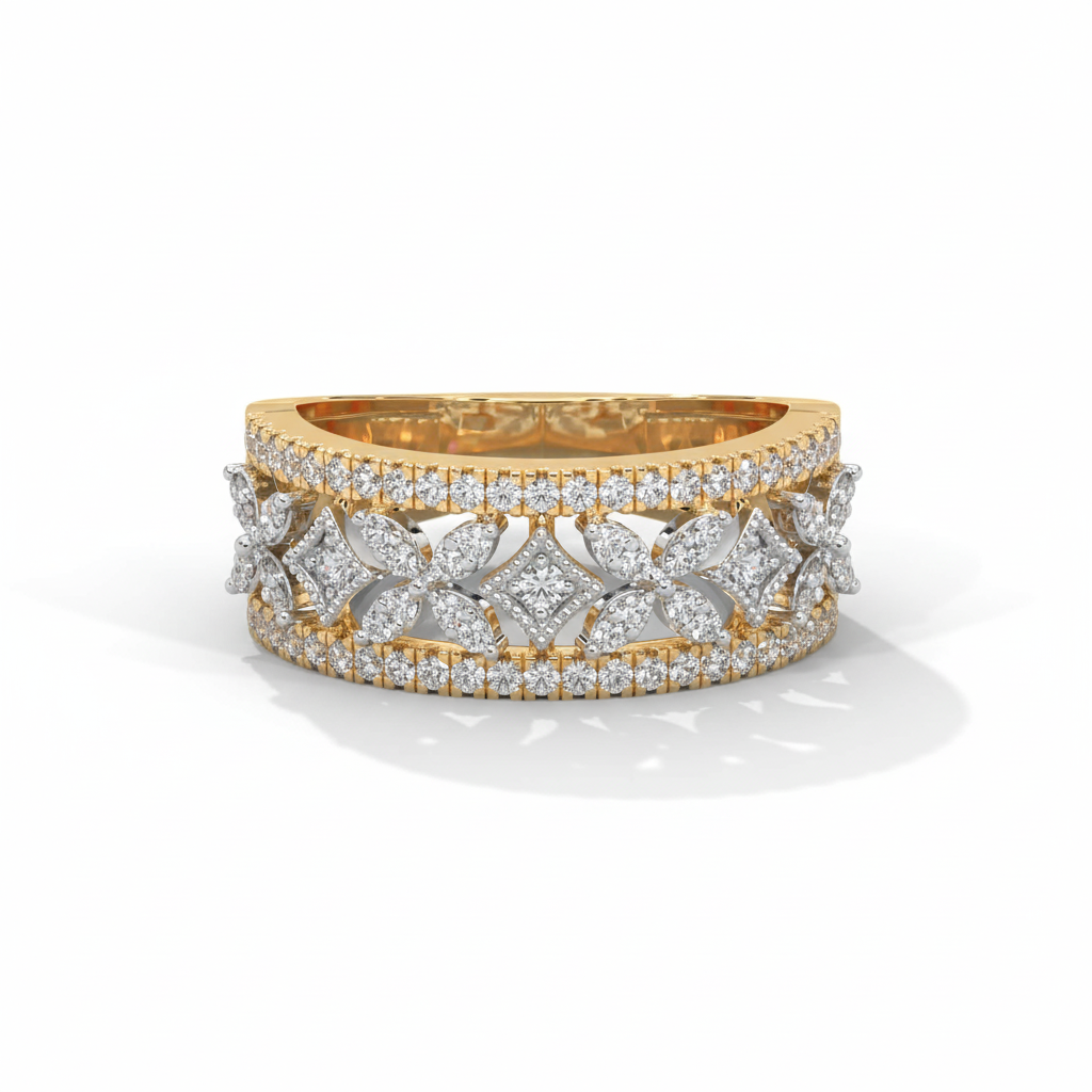 925 Sterling Silver Gold Plated Floral Filigree Wide Band Ring