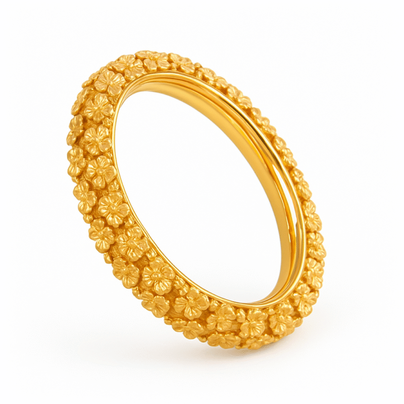 925 Sterling Silver Gold Plated Floral Relief Carved Bangle