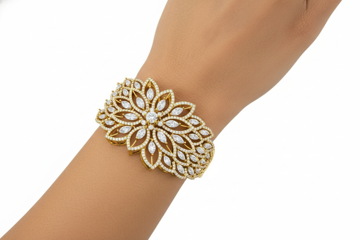 925 Sterling Silver Gold Plated Grand Floral Bloom Diamond Bangle