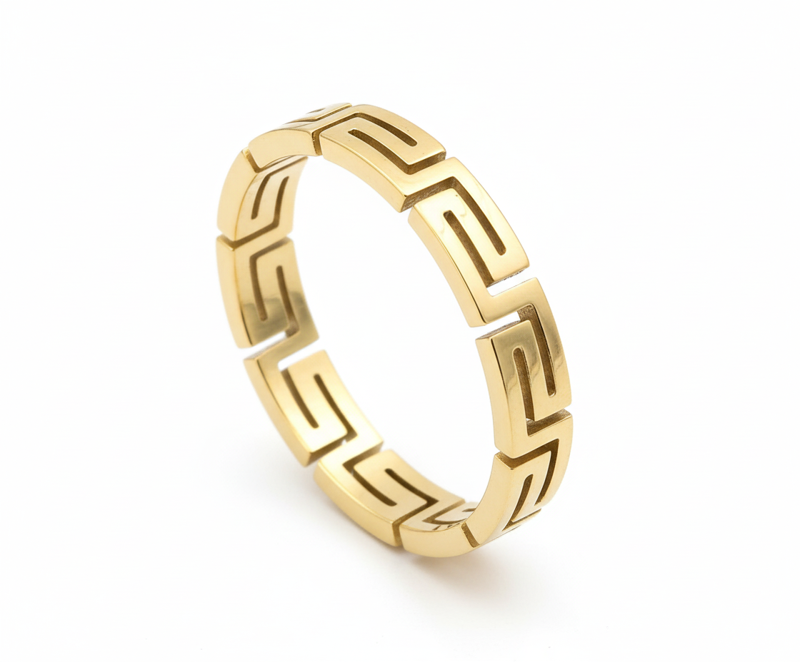 925 Sterling Silver Gold Plated Greek Key Band Ring