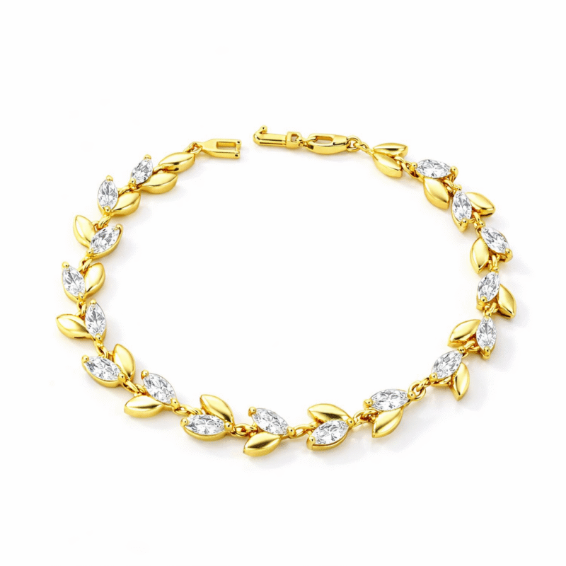 925 Sterling Silver Gold Plated Marquise Diamond Leaf Motif Link Bracelet