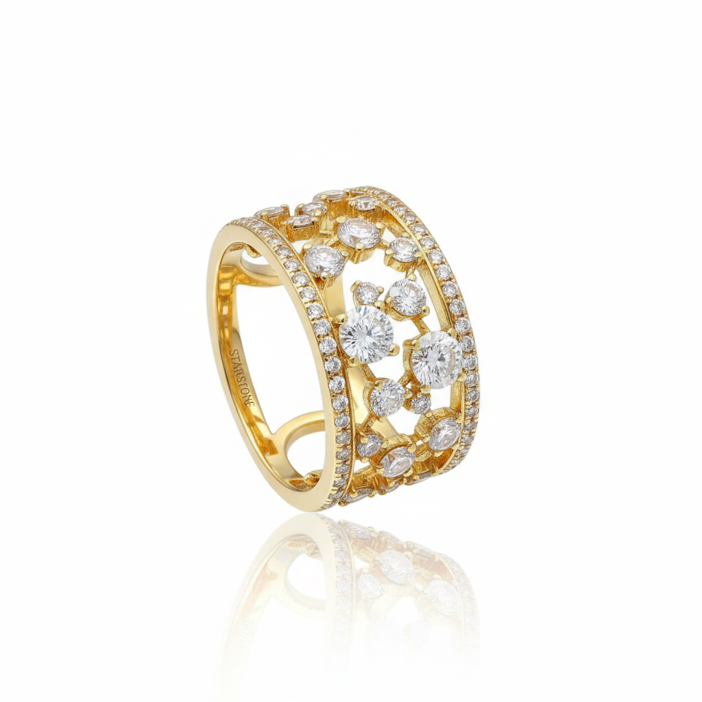 925 Sterling Silver Gold Plated Multi-Stone Cluster Wide Band Ring