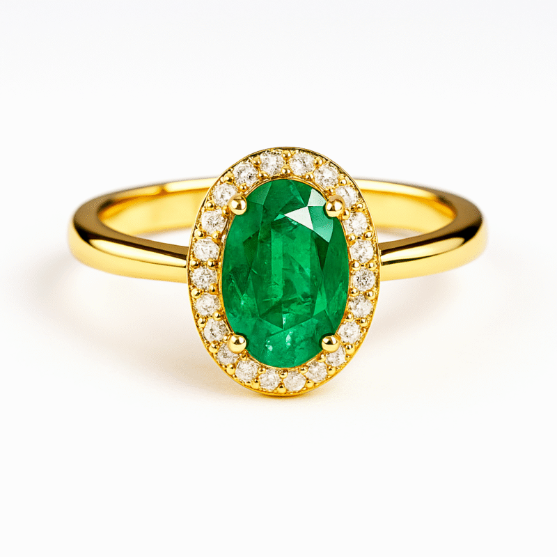 925 Sterling Silver Yellow Gold Plated Oval Emerald Halo Ring