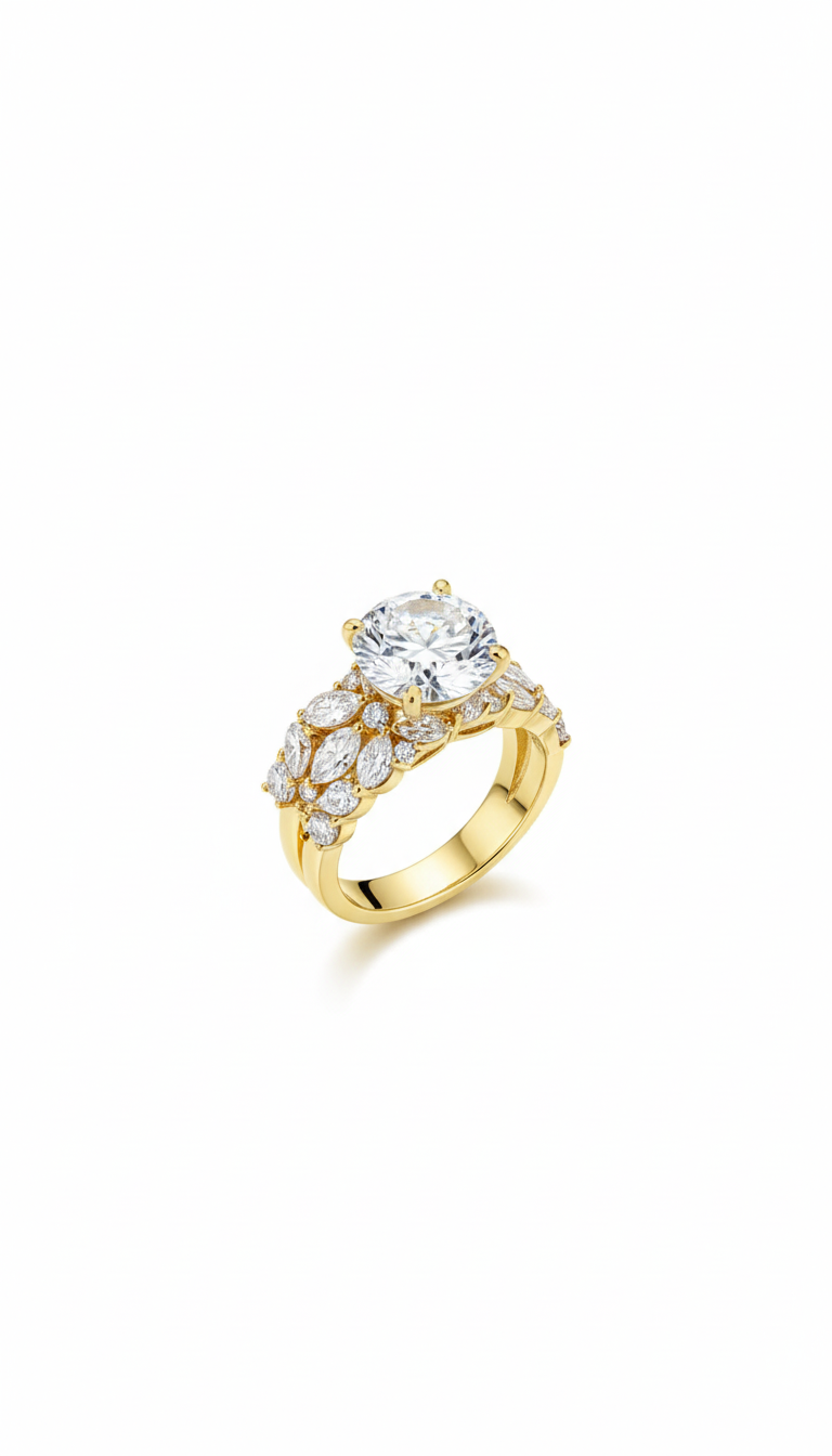 925 Sterling Silver Gold Plated Round Solitaire Marquise Cluster Ring