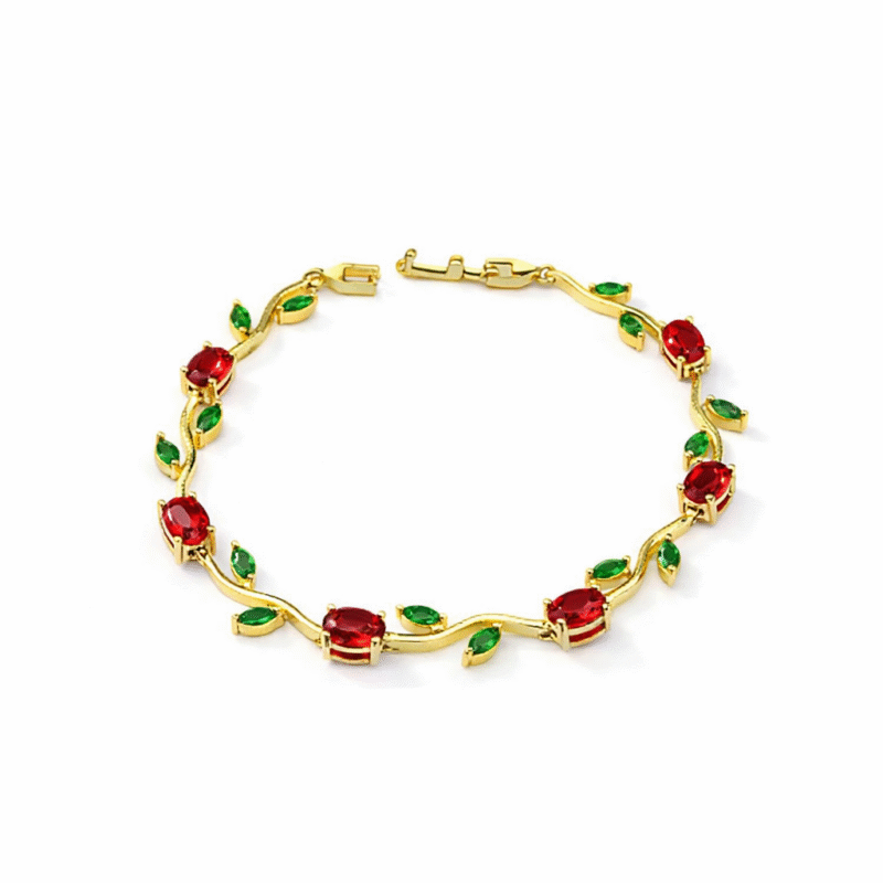 925 Sterling Silver Gold Plated Ruby & Emerald Rose Vine Link Bracelet