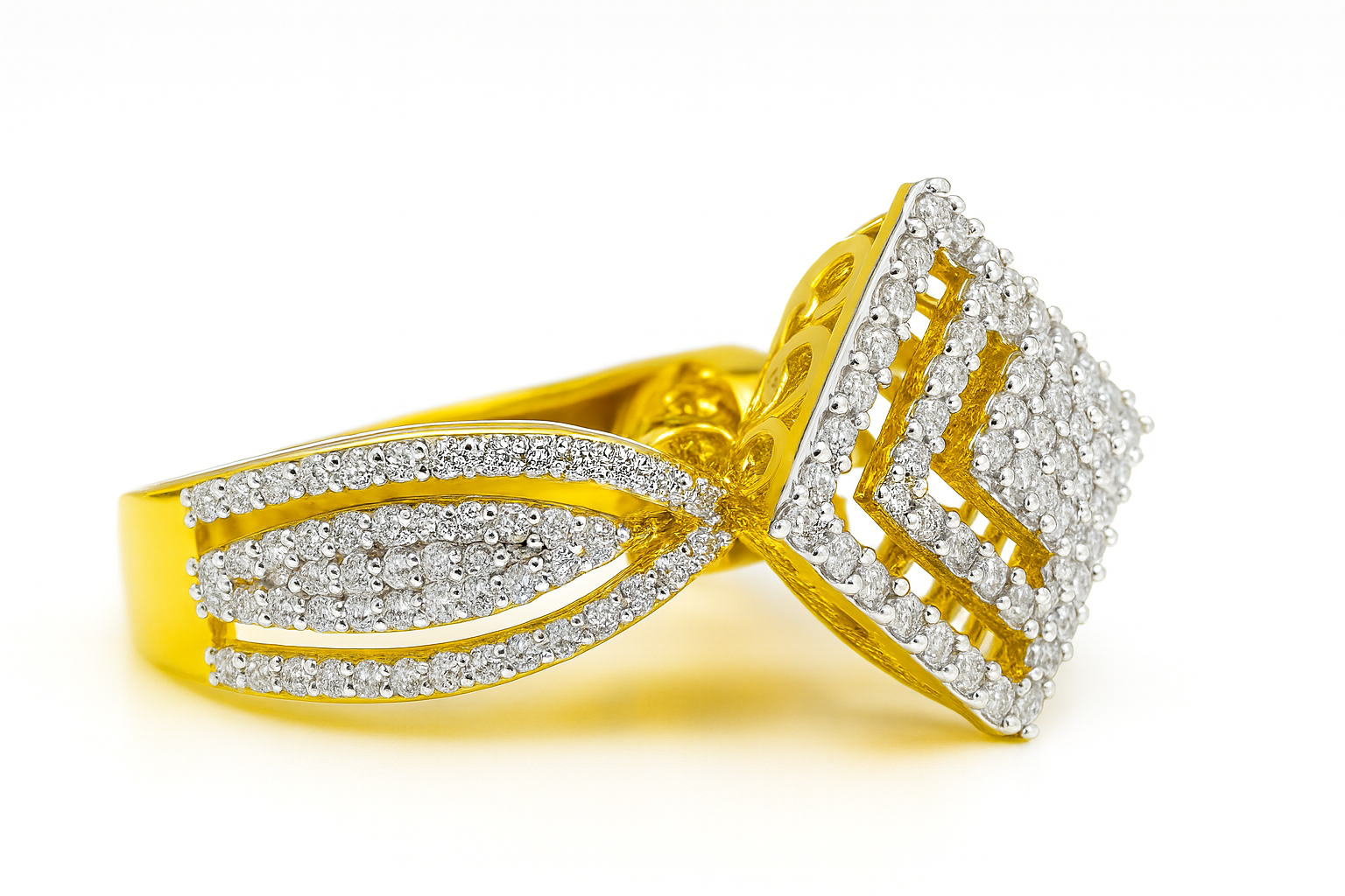 925 Silver Gold Plated Square Cluster Diamond Ring