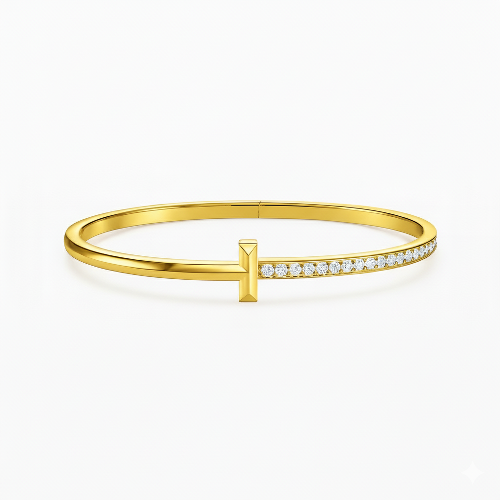 925 Sterling Silver Gold Plated T-Motif Diamond Bangle Bracelet