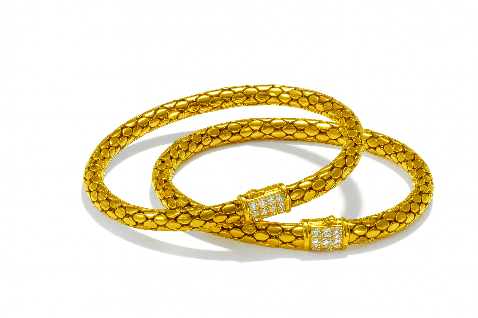 925 Sterling Silver Gold Plated Textured Mesh Bangle Set with Diamond Clasps
