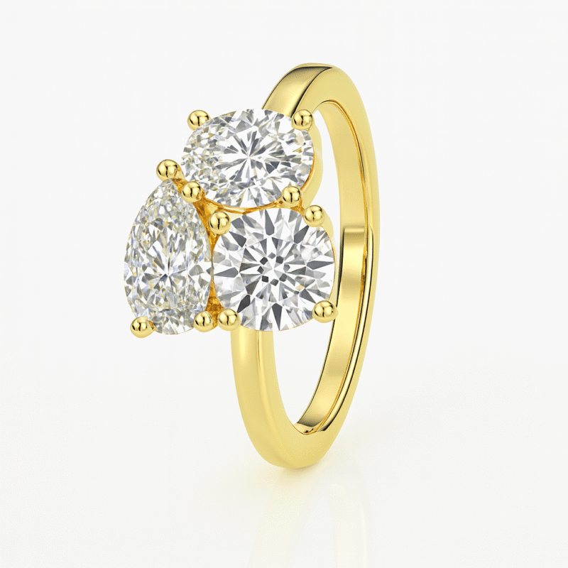 925 Sterling Silver Yellow Gold Plated Triple Shape Korean Diamond Ring