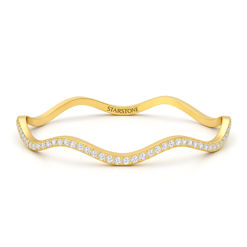 925 Sterling Silver Gold Plated Wave Diamond Bangle