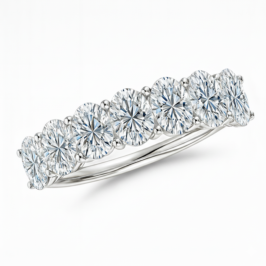 925 Sterling Silver Half Eternity Band Ring with Oval Cut Korean Diamonds