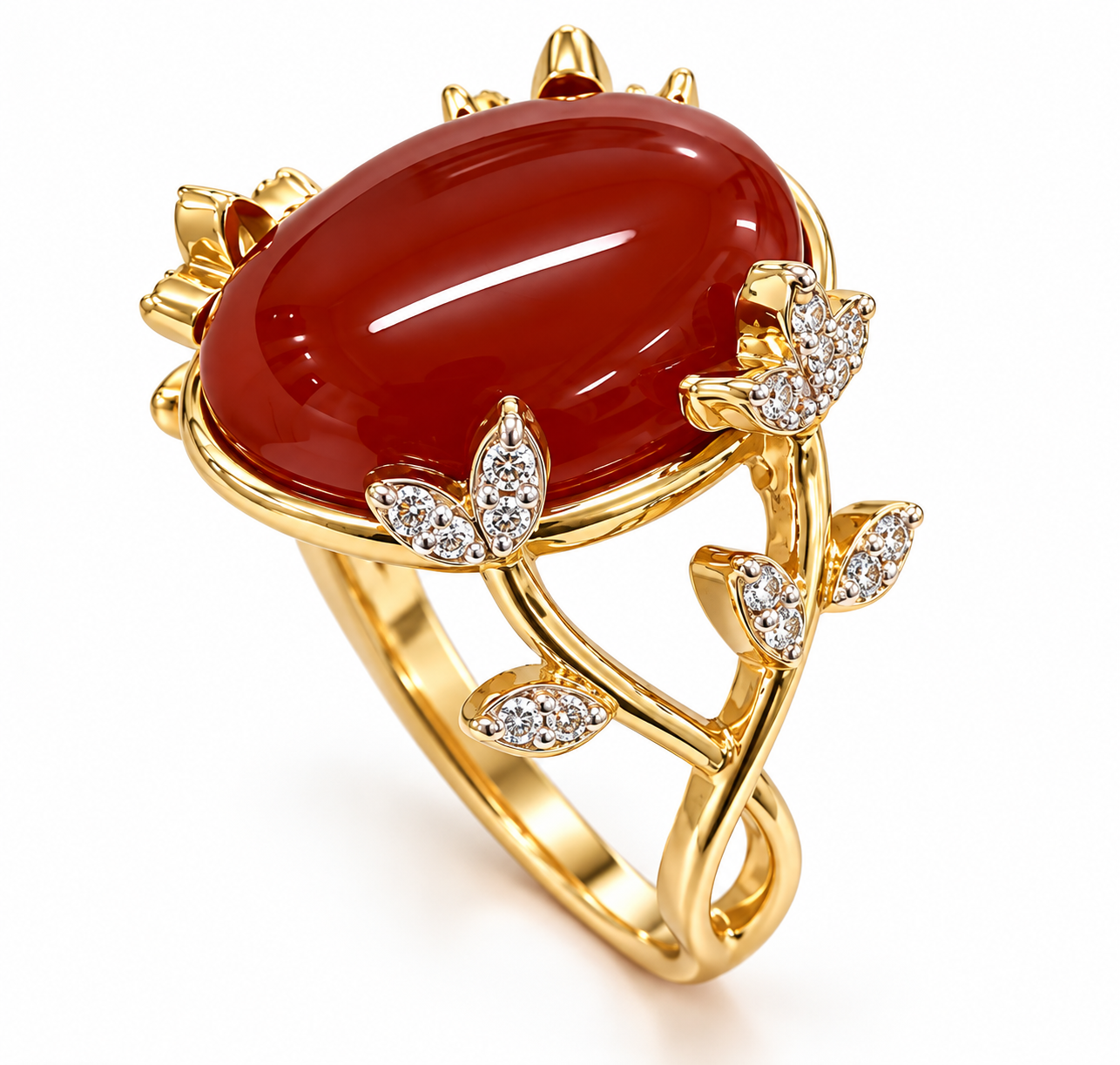925 Silver Red Carnelian Vine Leaf Korean Diamond Ring