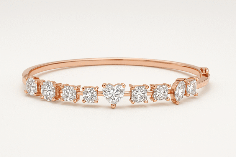 925 Sterling Silver Rose Gold Plated Multi-Shape Diamond Bangle Bracelet