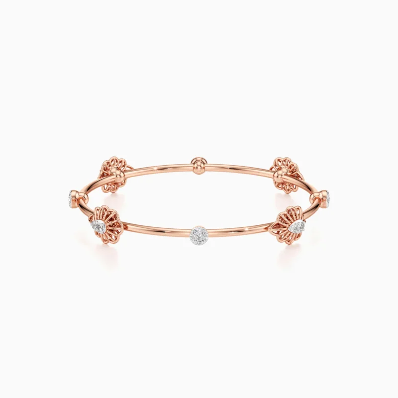 925 Sterling Silver Rose Gold Plated Floral Fan Diamond Station Bangle
