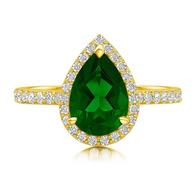 925 Sterling Silver The Emerald Tear Drop Halo Ring